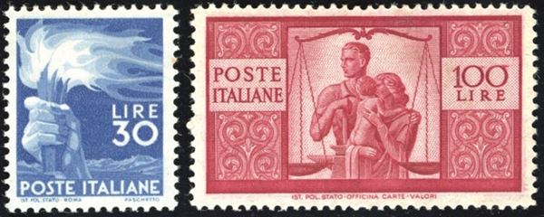 REPUBBLICA ITALIANA 1946/47 - 30 lire e 100 lire Democratica (563/565)