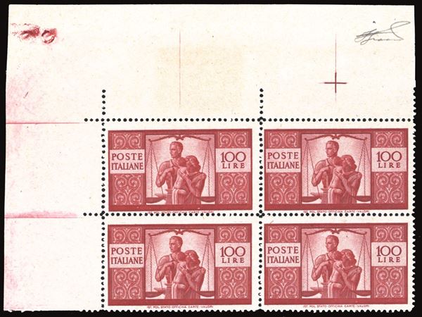 REPUBBLICA ITALIANA 1946 - 100 lire Democratica, I lastra, dent. 14 x 14 1/4, blocco di quattro