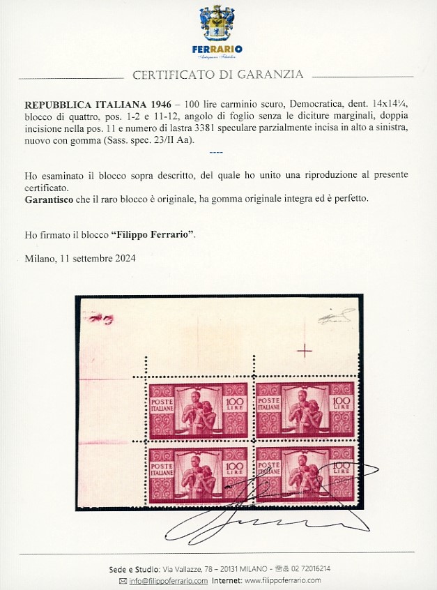 Repubblica Italiana 1946 - 100 Lire Democratica, i Lastra, Dent. 14 X 14 1/4, Blocco di Quattro
