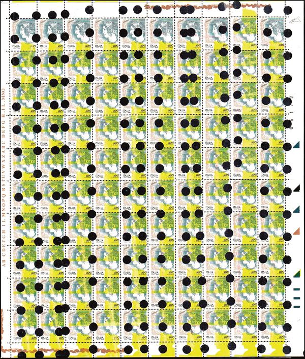 REPUBBLICA ITALIANA 1998 - 100 lire Donne nell'arte, prova di stampa con la cifra 100 cancellata da due sbarrette nere oblique (Sass.spec. P85)