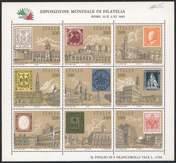 REPUBBLICA ITALIANA - FOGLIETTI 1985 - 300 lire Italia '85, foglietto, doppia stampa del francobollo di Toscana (2aaa)