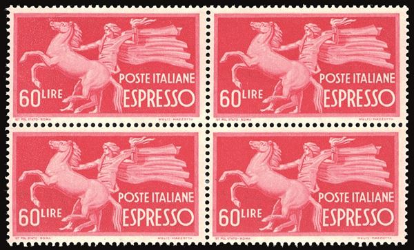 REPUBBLICA ITALIANA - ESPRESSI 1945/52 - Democratica, serie completa, filigrana ruota (25/31), blocchi di quattro