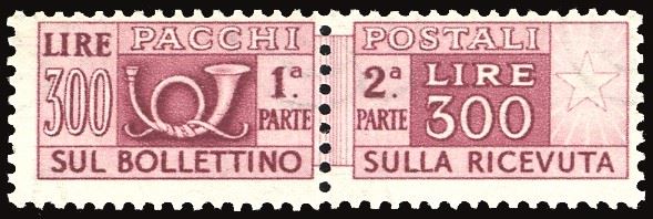 REPUBBLICA ITALIANA - PACCHI POSTALI 1952 - 300 lire dent. 13 1/4 x 13 1/4 a pettine, filigrana ruota III tipo, posizione SA (79/III,Sass.Spec.34-SA)  - Auction Philately - Cambi Casa d'Aste