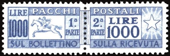 REPUBBLICA ITALIANA - PACCHI POSTALI 1954 - 1.000 lire Cavallino, filigrana ruota (81)