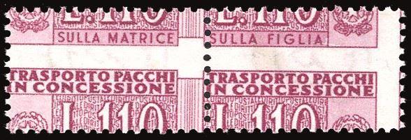 REPUBBLICA ITALIANA - PACCHI IN CONCESSIONE 1953 - 110 lire, filigrana ruota, dentellatura orizzontale fortemente spostata in alto (4b)