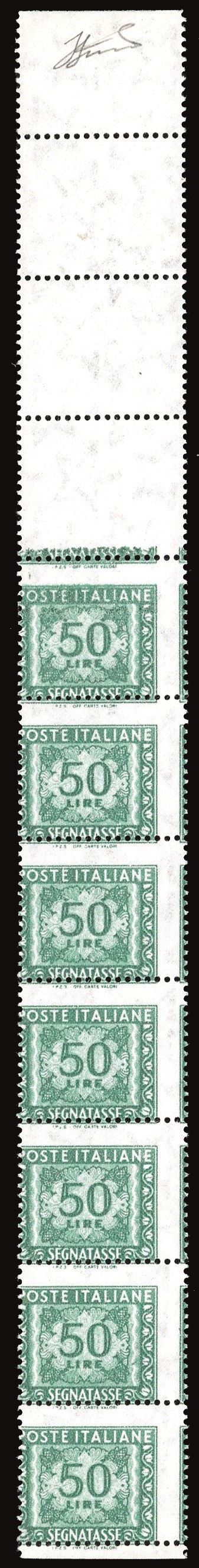 REPUBBLICA ITALIANA - SEGNATASSE 1991 - 50 lire, millesimo I.P.Z.S. (121), striscia verticale di 10 esemplari con dentellatura fortemente spostata nei due sensi  - Auction Philately - Cambi Casa d'Aste