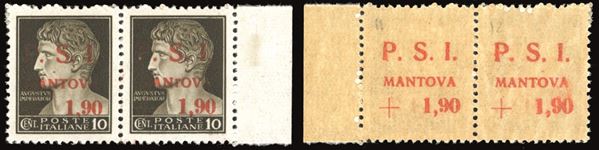 CLM - MANTOVA 1945 - 1,90 lire su 10 cent., soprastampa recto-verso, al recto varietà "MANrOVA", in coppia con il normale (1aah,1aa)
