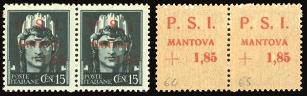 CLN - MANTOVA 1945 - 1,85 lire su 15 cent., soprastampa recto-verso, al recto punto piccolo dopo la "I" e virgola quasi invisibile, in coppia con il normale (2aaq,2aa)