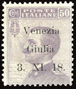 Terre Redente - Venezia Giulia 1918 - 50 Cent. Soprastampa in Caratteri Sottili, Saggio (s1)