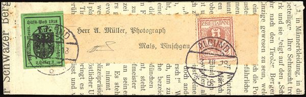 TERRE REDENTE - MERANO 1918 - 2 h., II tipo (6), in affrancatura mista con 2 cent. Floreale (Regno 69)