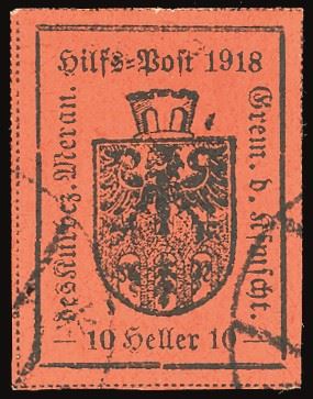 TERRE REDENTE - MERANO 1918 - 10 h. rosso mattone, errore KFMSCHT (8B)