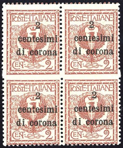 Terre Redente - Trento e Trieste 1919 - 2 Cent. su 2 Cent., Blocco di Quattro