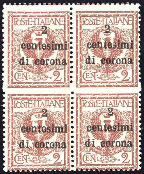 TERRE REDENTE - TRENTO E TRIESTE 1919 - 2 cent. su 2 cent., blocco di quattro