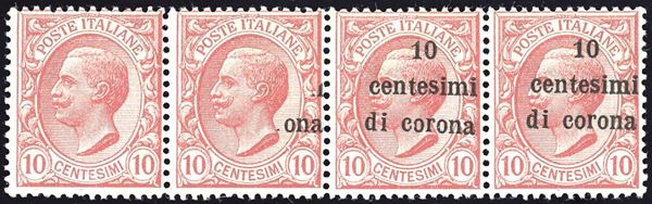 TERRE REDENTE - TRENTO E TRIESTE 1919 - 10 cent. su 10 cent. (4), striscia orizzontale di quattro