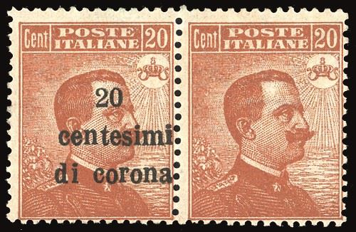 TERRE REDENTE - TRENTO E TRIESTE 1919 - 20 cent. su 20 cent., coppia orizzontale  - Auction Philately - Cambi Casa d'Aste