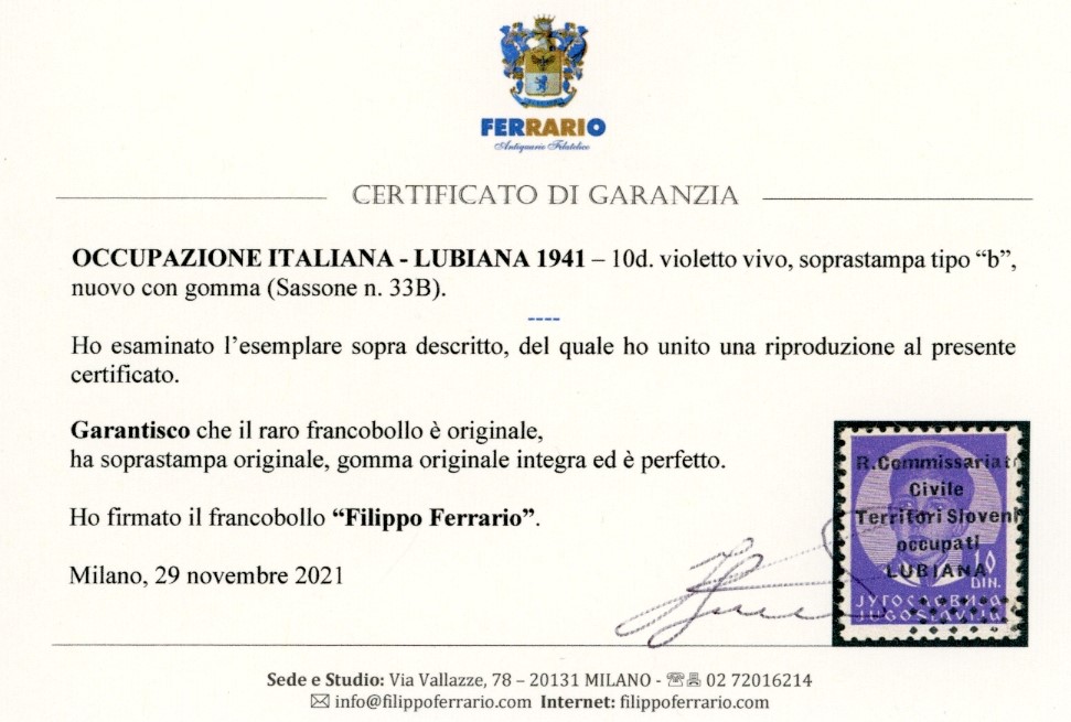 Occupazioni Italiane II Guerra Mondiale - Lubiana 1941 - 10 D. Soprastampa di Tipo "b" (33b)