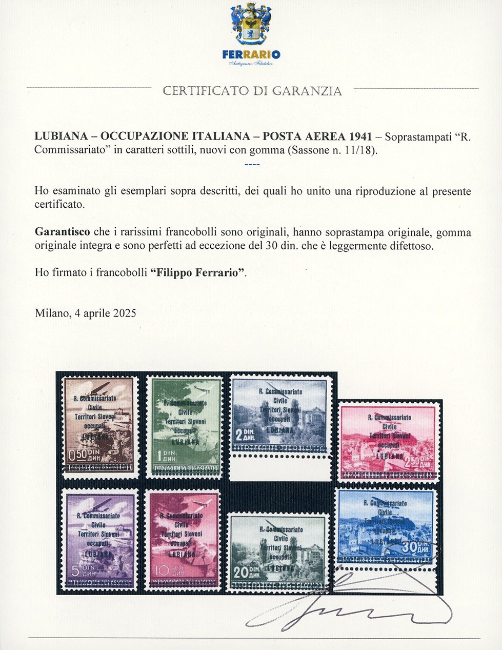 Occupazioni Italiane II Guerra Mondiale - Lubiana Posta Aerea 1941 - Soprastampati "r.commissaria...