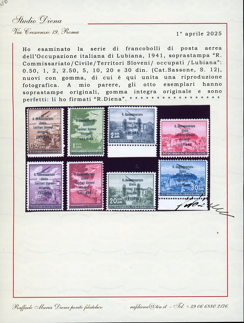 Occupazioni Italiane II Guerra Mondiale - Lubiana Posta Aerea 1941 - Soprastampati "r.commissaria...