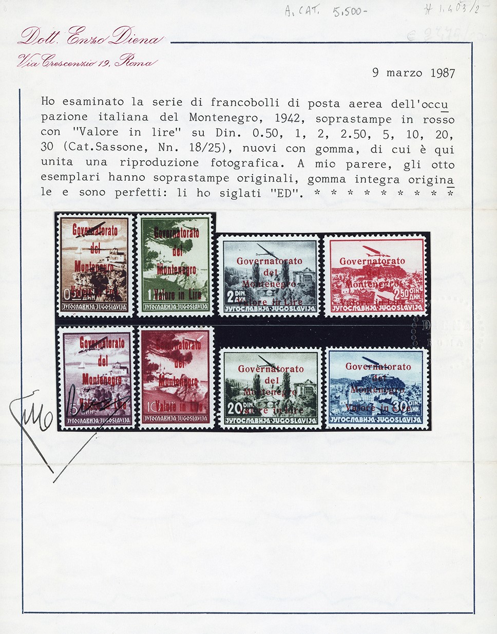 Occupazioni Italiane II Guerra Mondiale Montenegro - Posta Aerea 1942 - Soprastampati in Rosso, S...