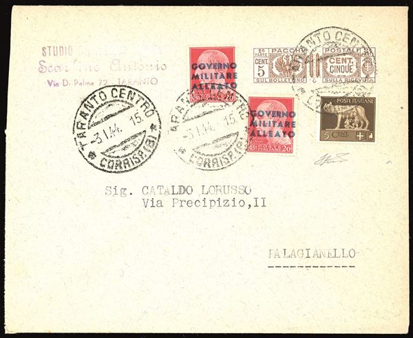 OCCUPAZIONI STRANIERE - AMGOT OCCUPAZIONE ANGLO-AMERICANA NAPOLI 1944 -  20 cent. soprastampato, due esemplari (10), in affrancatura mista con 5 cent. Imperiale e 5 cent. pacchi postali (243,24)