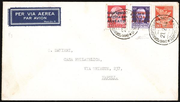 OCCUPAZIONI STRANIERE - AMGOT OCCUPAZIONE ANGLO-AMERICANA NAPOLI 1944 - 20 e 50 cent. soprastampati (10,12), in affrancatura mista con 80 cent. posta aerea Imperiale (Regno A13)