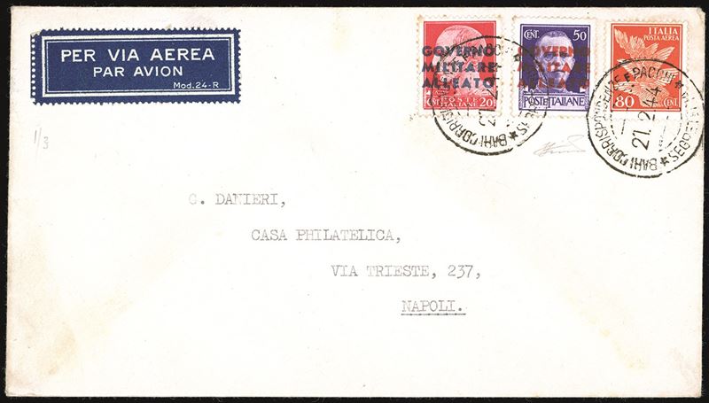 OCCUPAZIONI STRANIERE - AMGOT OCCUPAZIONE ANGLO-AMERICANA NAPOLI 1944 - 20 e 50 cent. soprastampati (10,12), in affrancatura mista con 80 cent. posta aerea Imperiale (Regno A13)  - Asta Filatelia - Cambi Casa d'Aste