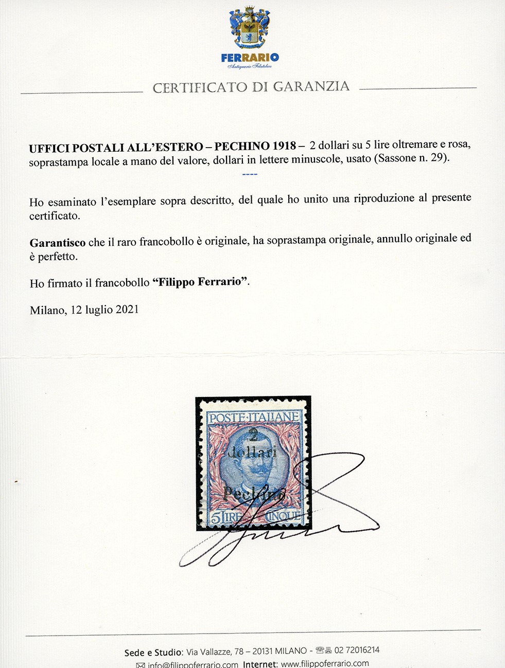 Uffici Postali All'estero - Cina Pechino 1918 - 2 Dollari su 5 Lire (29)