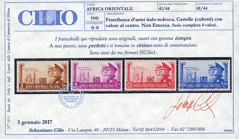 Colonie Italiane - Africa Orientale Italiana 1941 - Fratellanza D'armi, Non Emessi, Serie Complet...