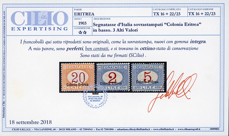 Colonie Italiane - Eritrea Segnatasse 1920/26 - Soprastampati in Basso, Serie Completa (14/24)