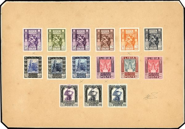 COLONIE ITALIANE - LIBIA 1931 - Pittorica,  serie completa dei  nuovi cinque valori emessi nel 1931 (103/107), tre prove di ognuno in colori differenti, per un totale di 15 esemplari