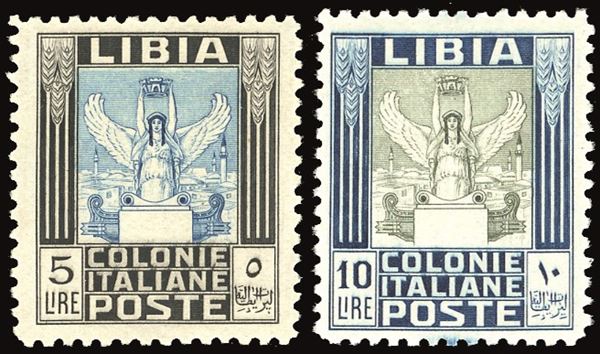 COLONIE ITALIANE - LIBIA 1937 - 5 lire e 10 lire Pittorica, senza filigrana, dent. 11 (144/145)