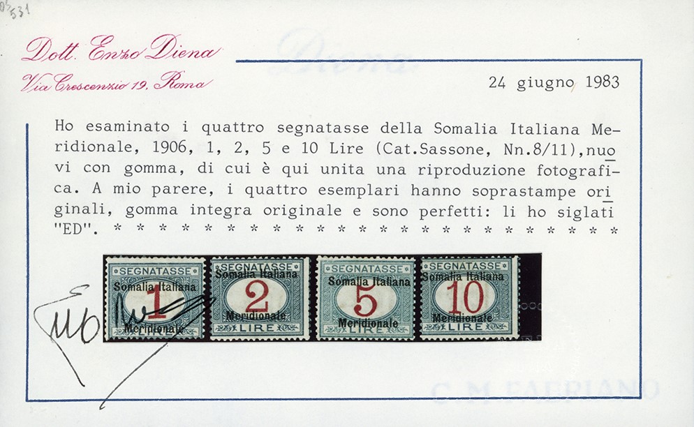 Colonie Italiane - Somalia Segnatasse 1906 - Soprastampati "somalia Italiana Meridionale", Serie ...