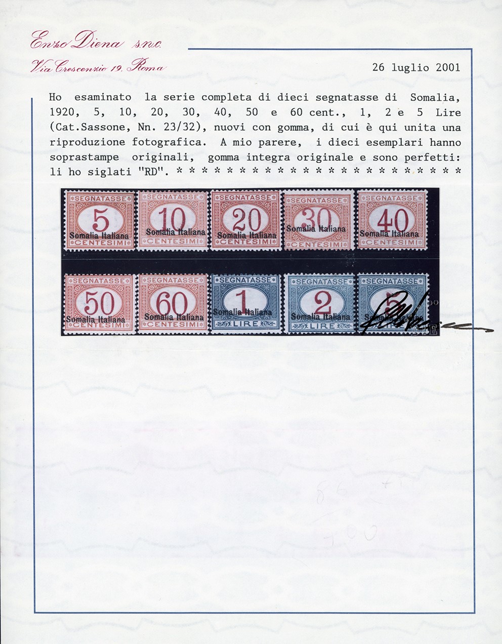 Colonie Italiane - Somalia Segnatasse 1920 - Soprastampati in Basso, Serie Completa (23/32)