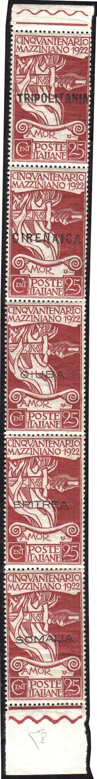 COLONIE ITALIANE - GIRI COLONIALI 1922 - 25 cent. bruno rosso, Mazzini (P1), striscia verticale di cinque esemplari