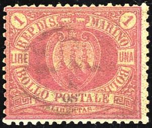SAN MARINO 1892 - 1 lira carminio su giallo Stemma (20)