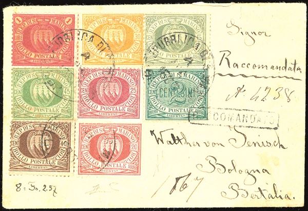 SAN MARINO 1893 - Bella affrancatura "otto colori", comprendente 1 lira carminio su giallo Stemma (1,4,5,13,16,17,18,20)