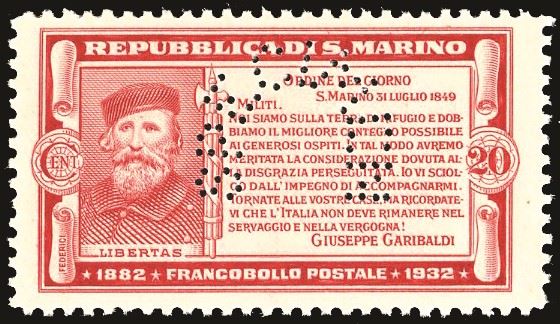 SAN MARINO 1932 - 20 cent. carminio Garibaldi, perforato "specimen", saggio (P169)