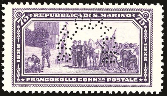 SAN MARINO 1932 - 75 cent. violetto Garibaldi, perforato "specimen", saggio (P172)