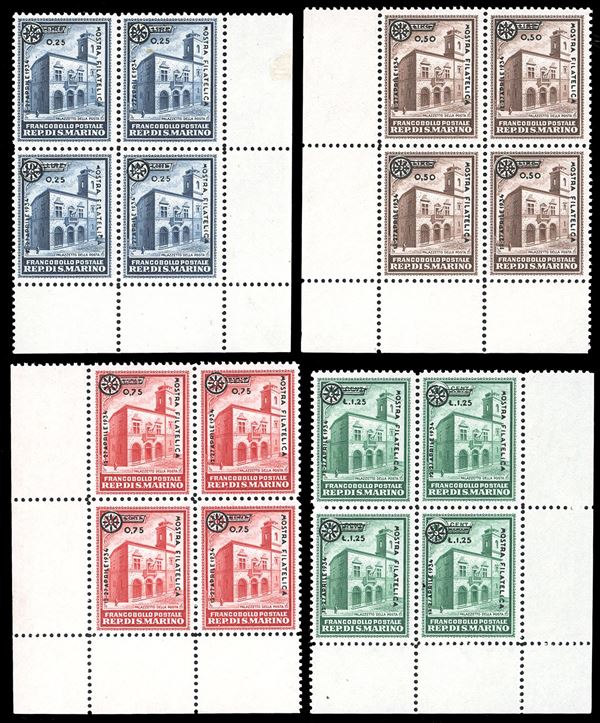 SAN MARINO 1934 - Soprastampati "Mostra Filatelica", serie completa (180/183), blocchi di quattro