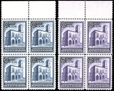 San Marino 1934 - Palazzetto Soprastampati, Serie Completa (184/185), Blocchi di Quattro