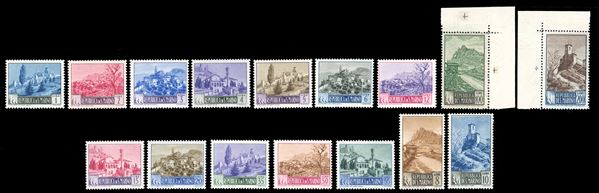 SAN MARINO 1949/50 - Paesaggi, serie completa (342/355), i due alti valori angolo di foglio