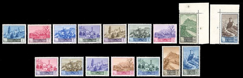 SAN MARINO 1949/50 - Paesaggi, serie completa (342/355), i due alti valori angolo di foglio  - Asta Filatelia - Cambi Casa d'Aste