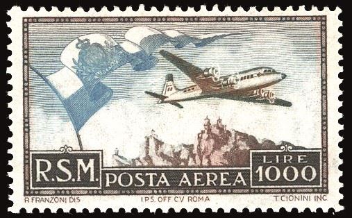 SAN MARINO - POSTA AEREA 1951 - 1.000 lire Bandiera (99)