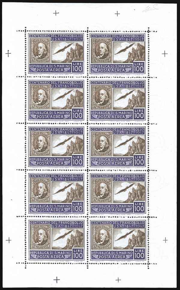 SAN MARINO - MINIFOGLI 1947 - 100 lire Centenario francobollo americano, minifoglio (8)
