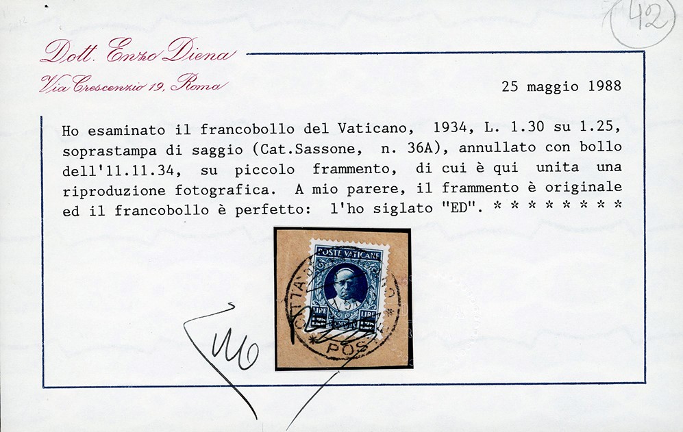 Vaticano 1934 - 1,30 Lire su 1,25 Lire, Soprastampa di Saggio, Venduto Come Normale alla Posta (3...