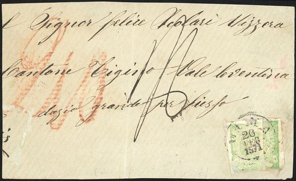 PERU' 1871 - 1 dinero verde chiaro, STAMPA SU CARTA RICONGIUNTA (Yv.13)