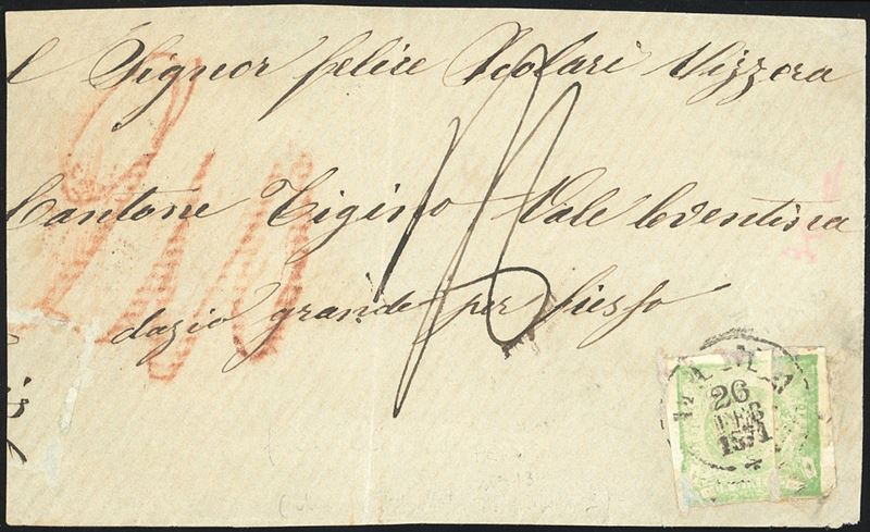 PERU' 1871 - 1 dinero verde chiaro, STAMPA SU CARTA RICONGIUNTA (Yv.13)  - Auction Philately - Cambi Casa d'Aste