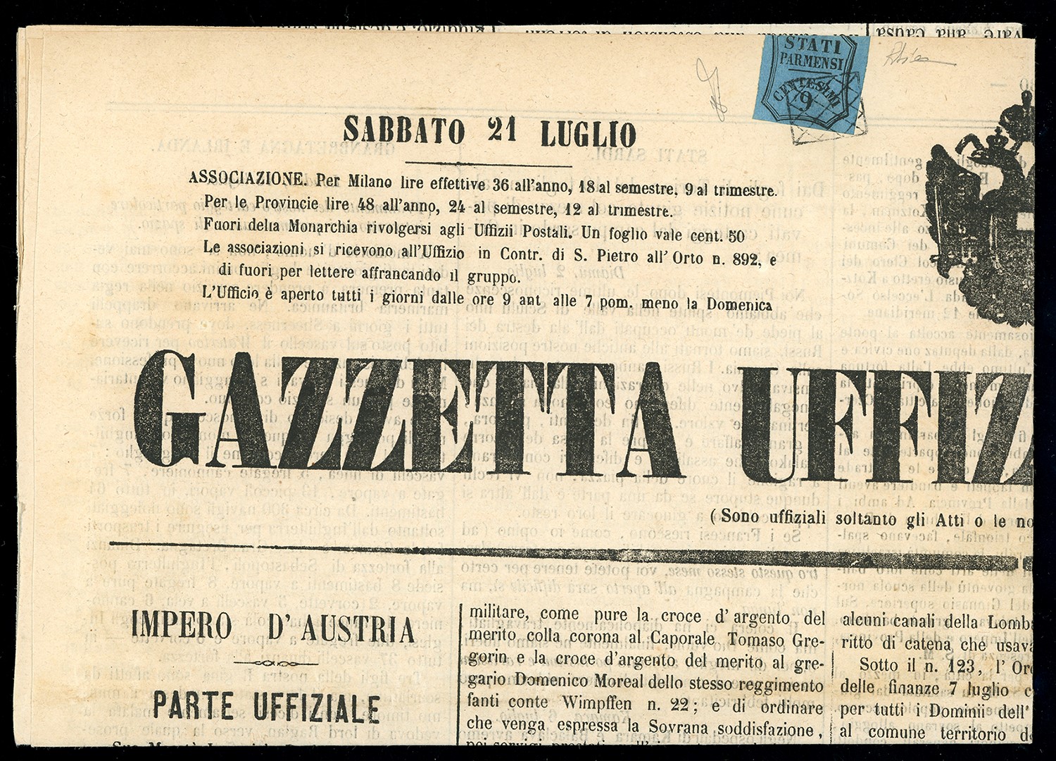 Lotti e Collezioni - Parma 1852/1859 - Cinque Lettere e Due Giornali con Affrancature del Periodo...