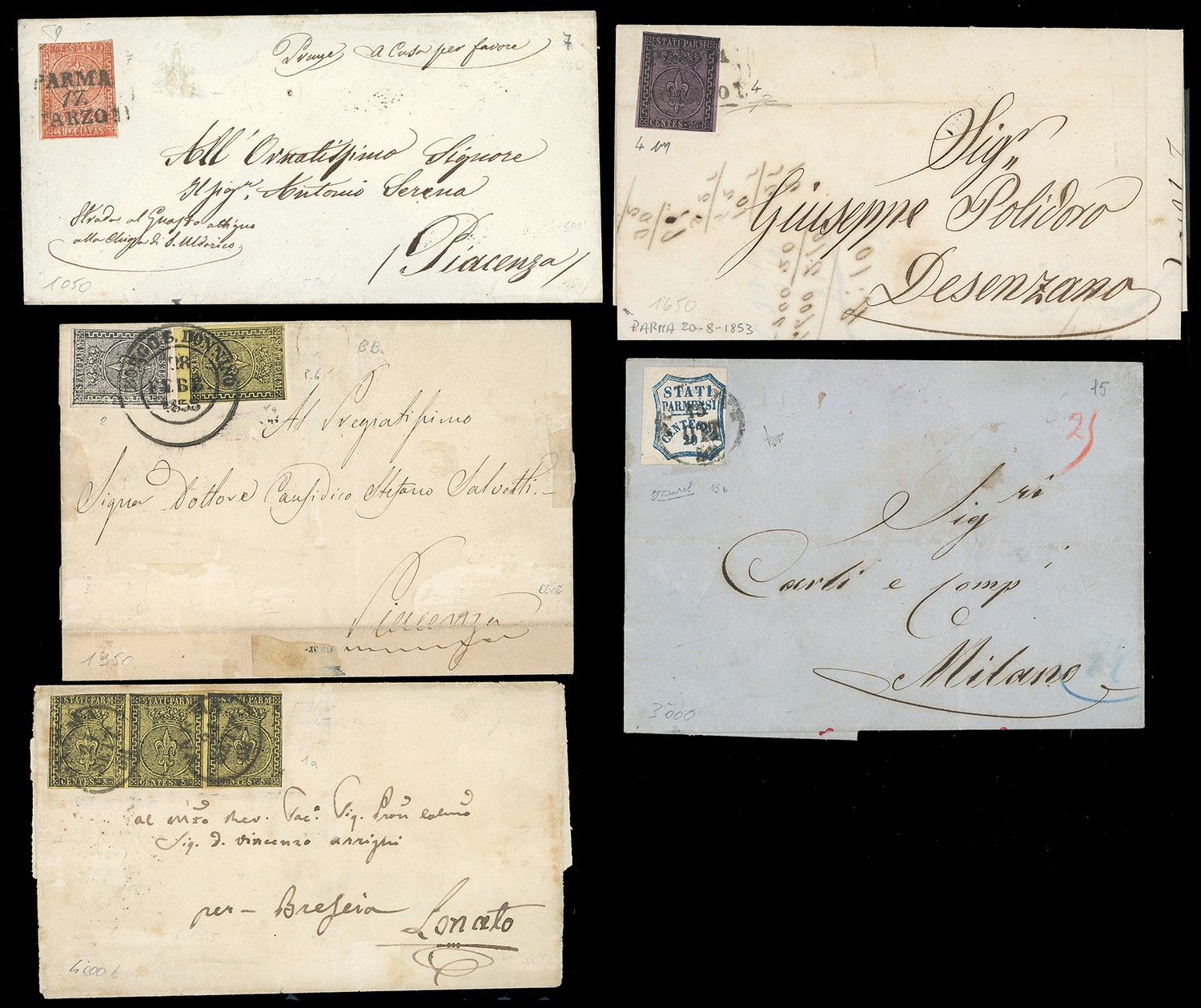 Lotti e Collezioni - Parma 1852/1859 - Cinque Lettere e Due Giornali con Affrancature del Periodo...