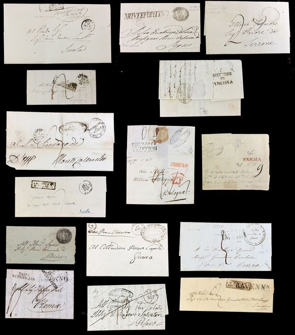 LOTTI E COLLEZIONI - STATO PONTIFICIO SANITA' 1837/1867 - Bell'insieme di 15 lettere prefilateliche o non affrancate del periodo, tutte con bolli e/o tagli di disinfezione.